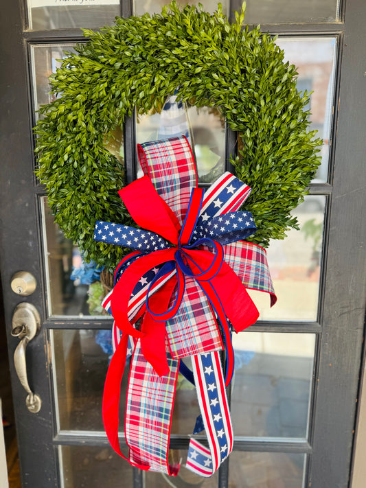 Green Faux Boxwood Wreath with Patriotic Designer Bow
