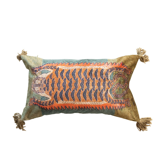 24"L x 14"H Cotton Velvet Printed Lumbar Pillow with Tiger