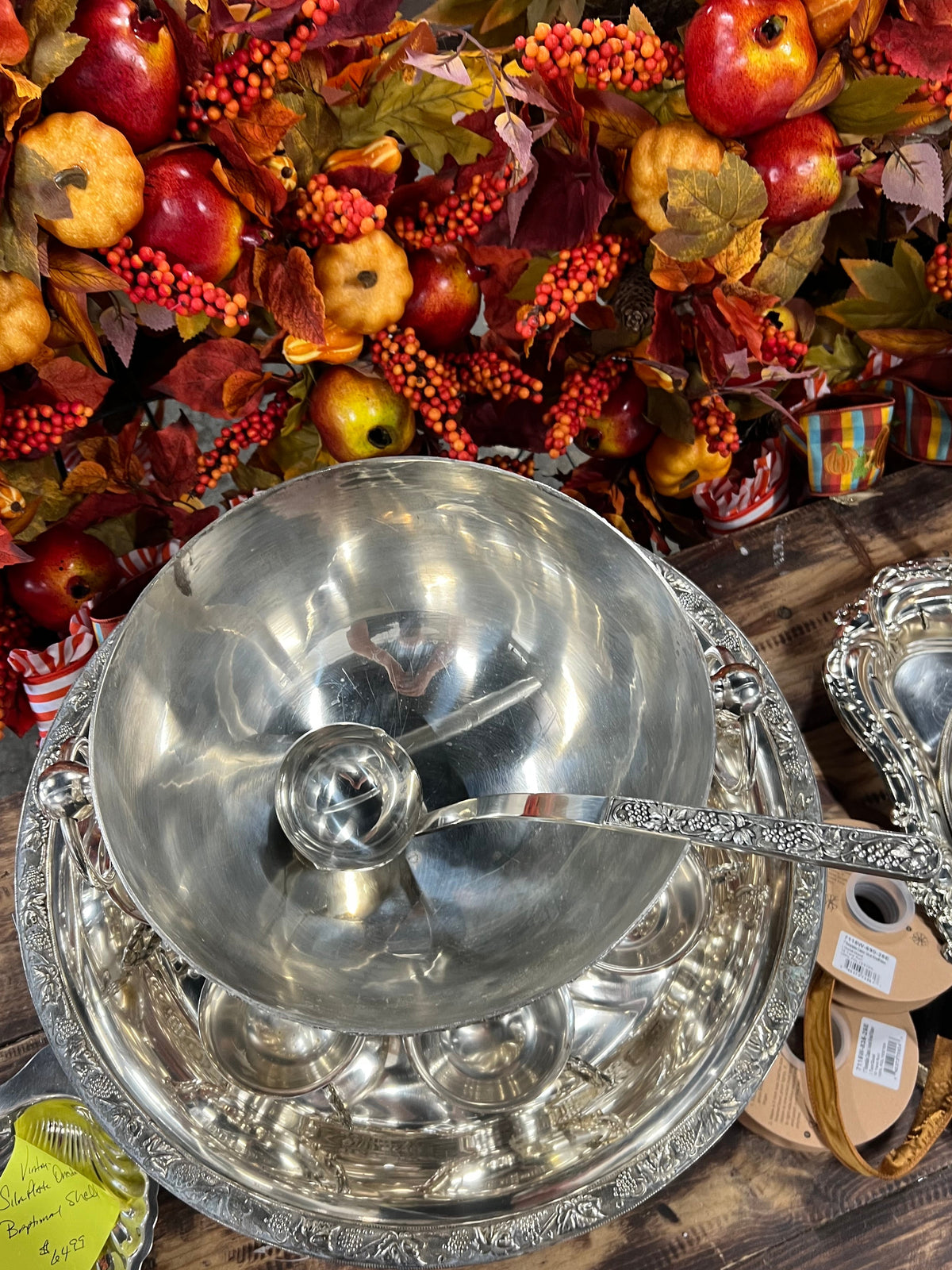 Vintage Silver-Plated Punchbowl with 12 Cups,  Tray and Ladle