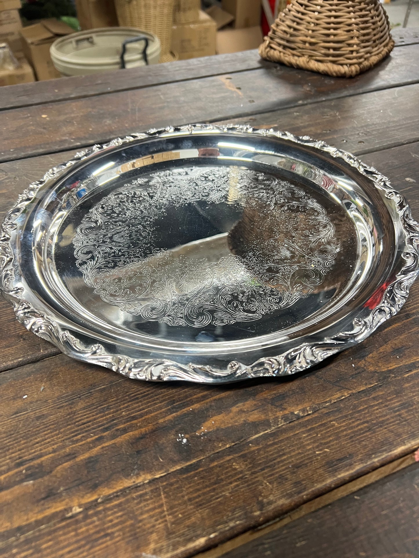 13” Vintage Silver-Plated Round Serving Tray