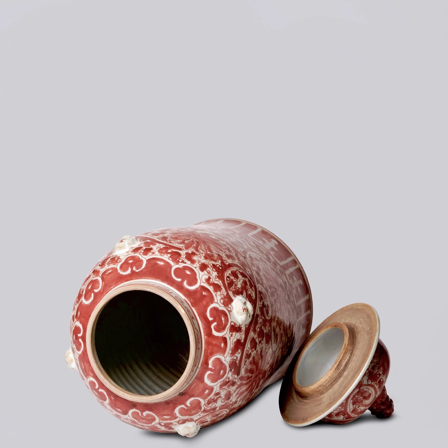Red and White Porcelain Scrolling Lotus Temple Jar