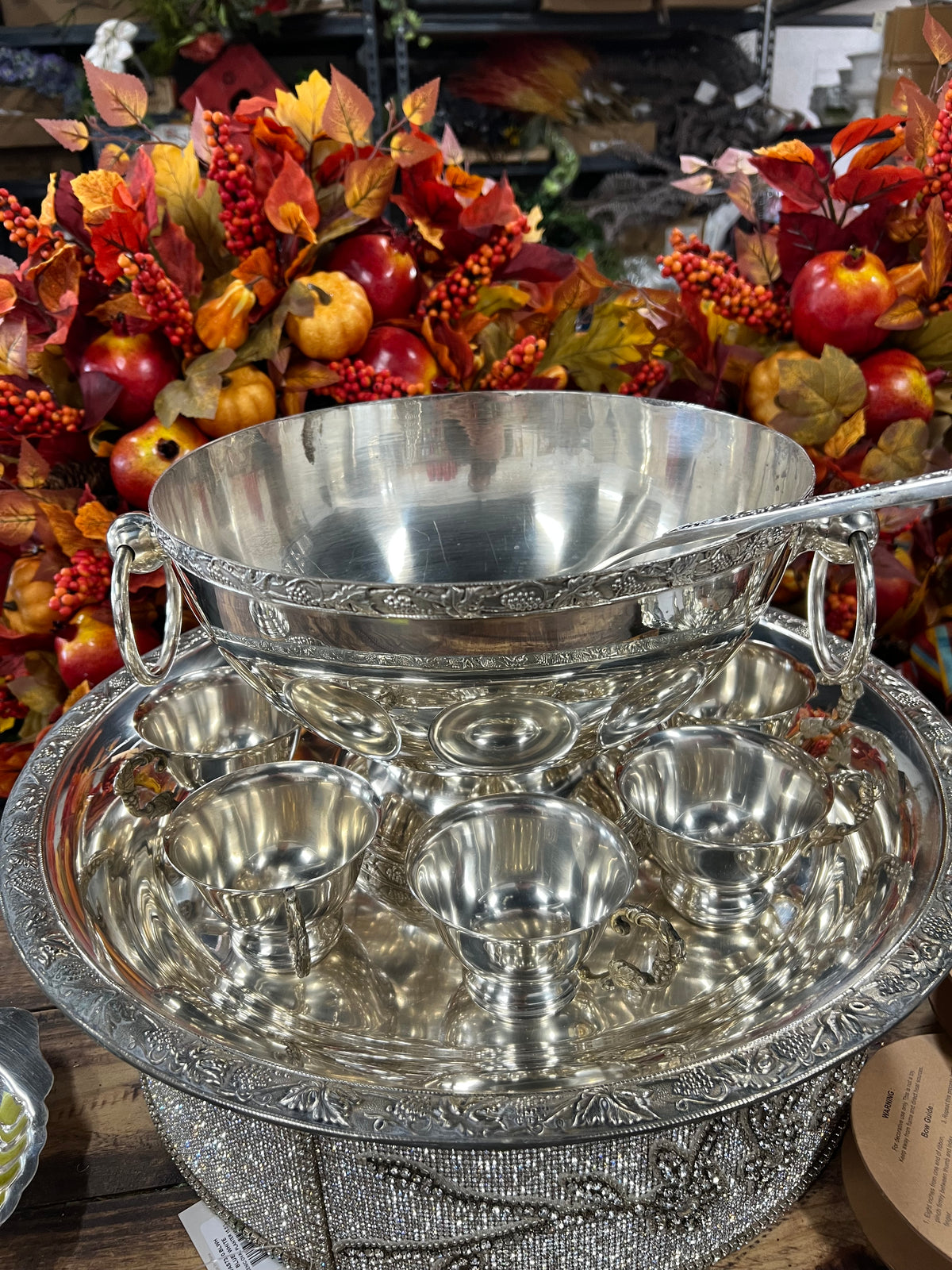 Vintage Silver-Plated Punchbowl with 12 Cups,  Tray and Ladle