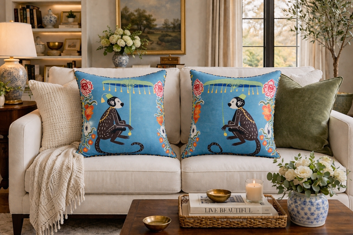 Set of 2 Blue Monkey Designer Pillow