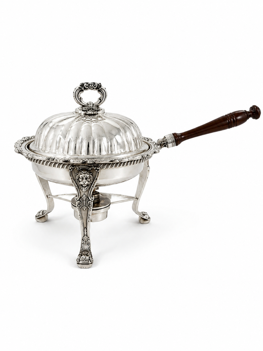 Vintage Silver-Plated Chaffing Stand, Burner, Pan with Wood Handle