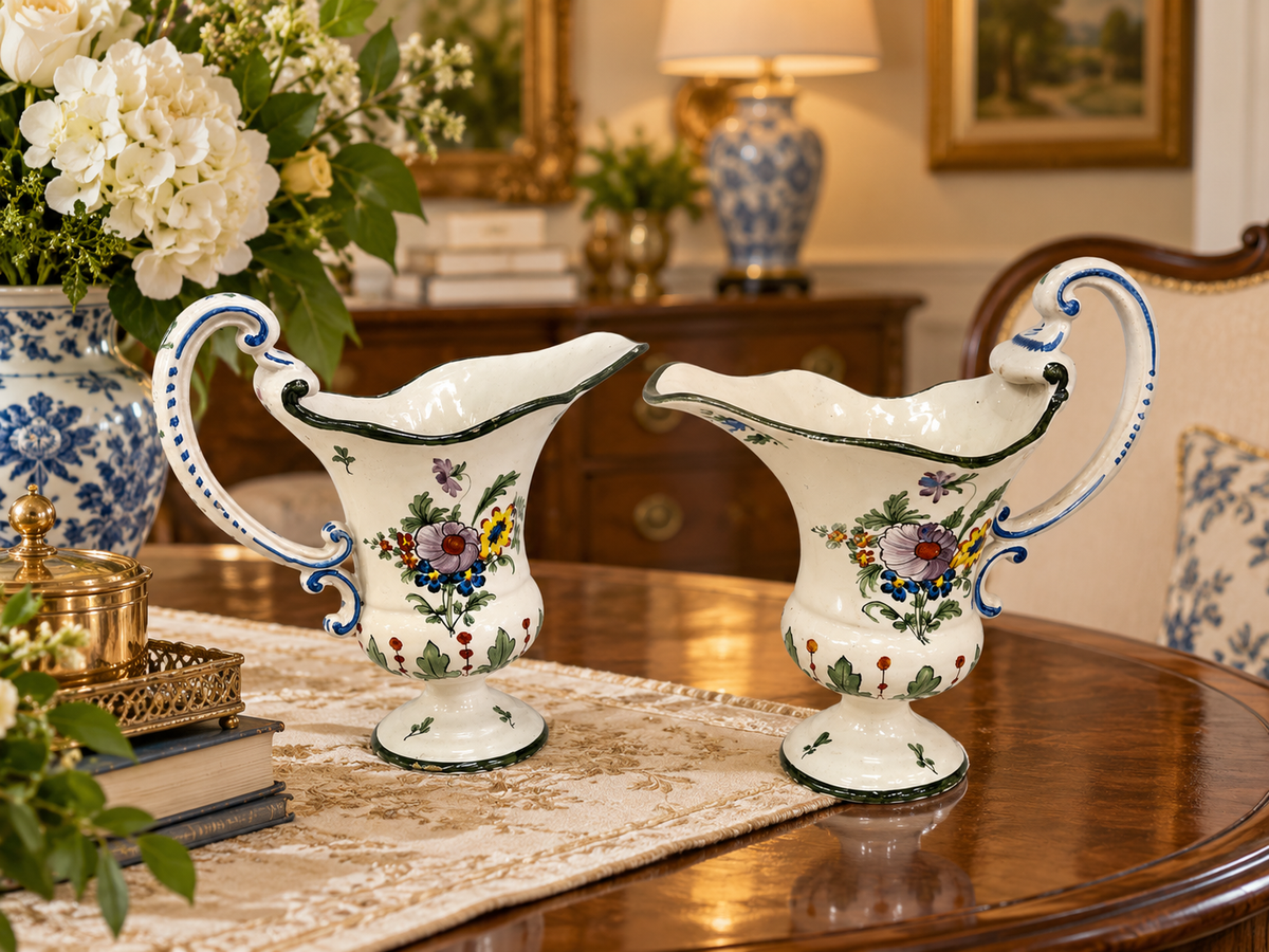 Vintage Set of 2 Floral Ceramic Pitchers
