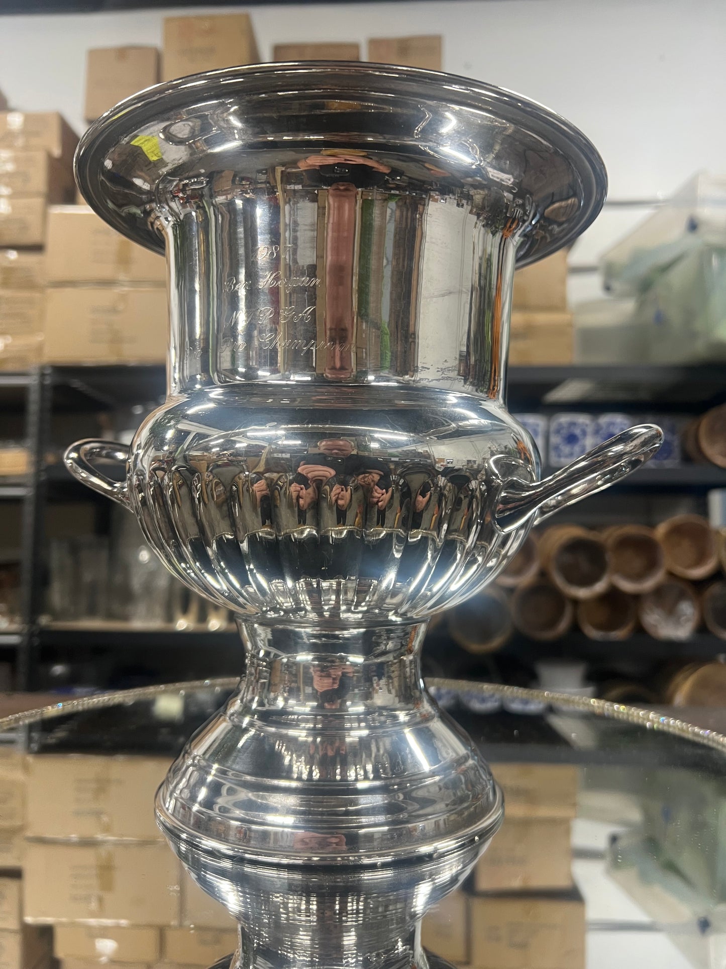Vintage silver plated, champagne urn with handles.