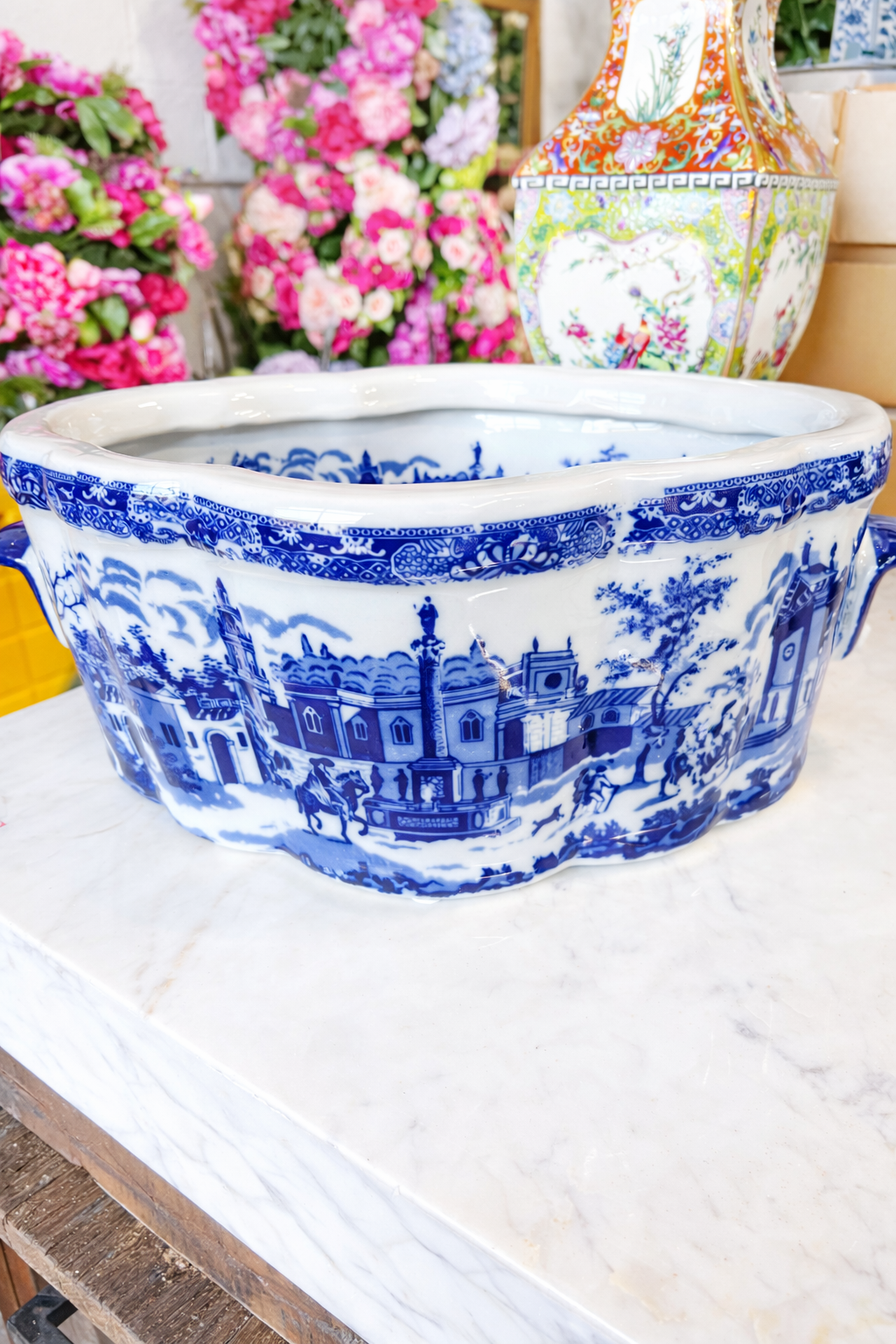 Blue & White Scenic Oval Planter