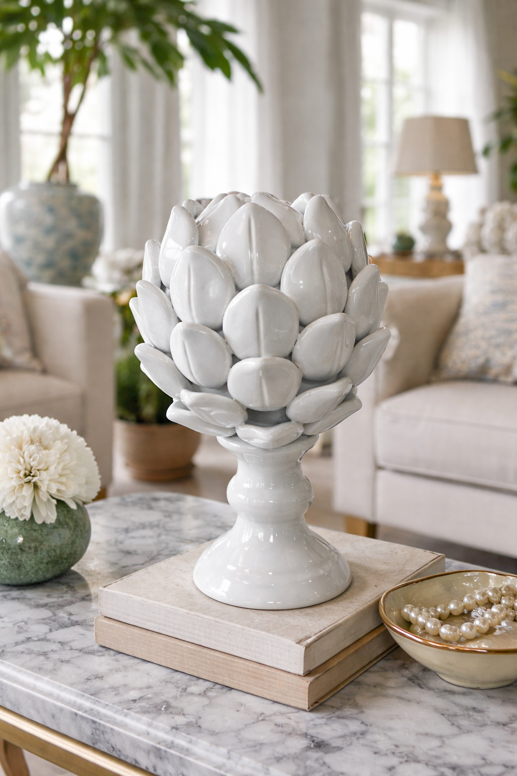 10” White Ceramic Artichoke Sculpture