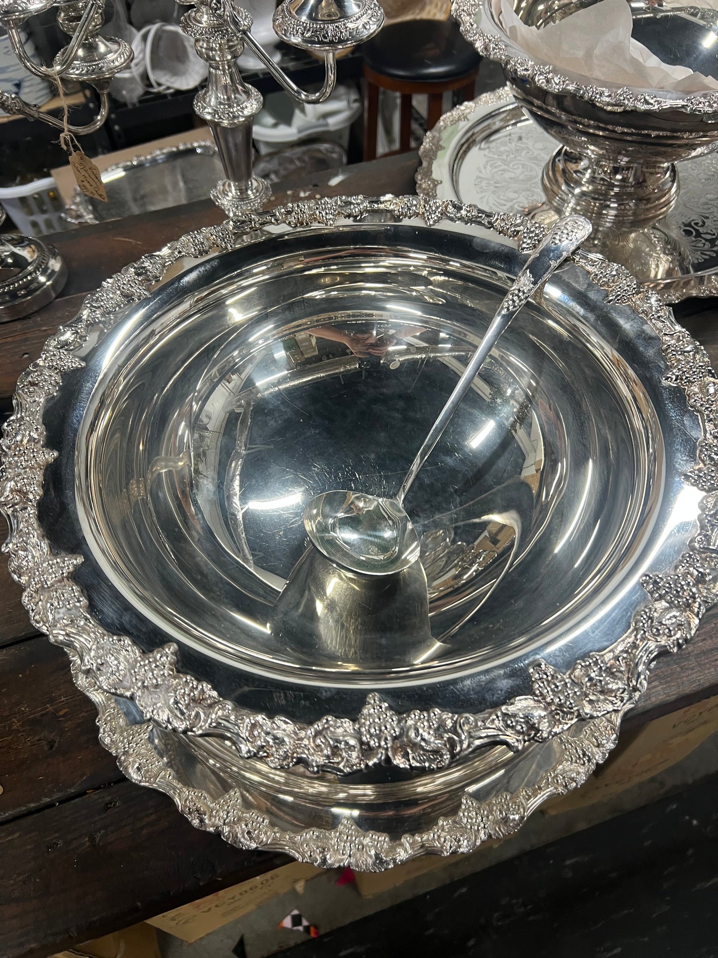 Vintage Silver Plated Punchbowl with Tray and Ladle