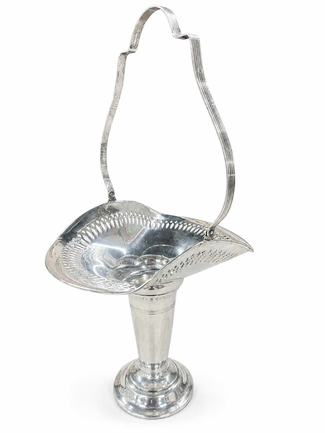 Vintage Silver-Plated Pedestal Bridal Basket with Handle Vase