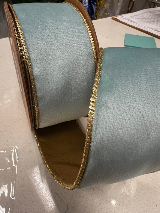 Aqua/gold reversible, classic velvet wired ribbon