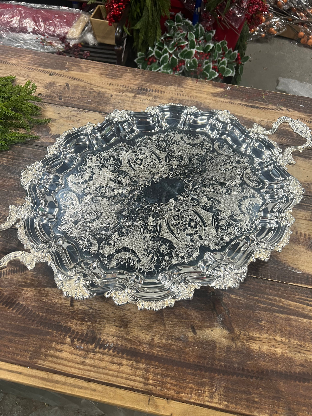 Vintage Silver-Plated Footed Tray with Handles (6)