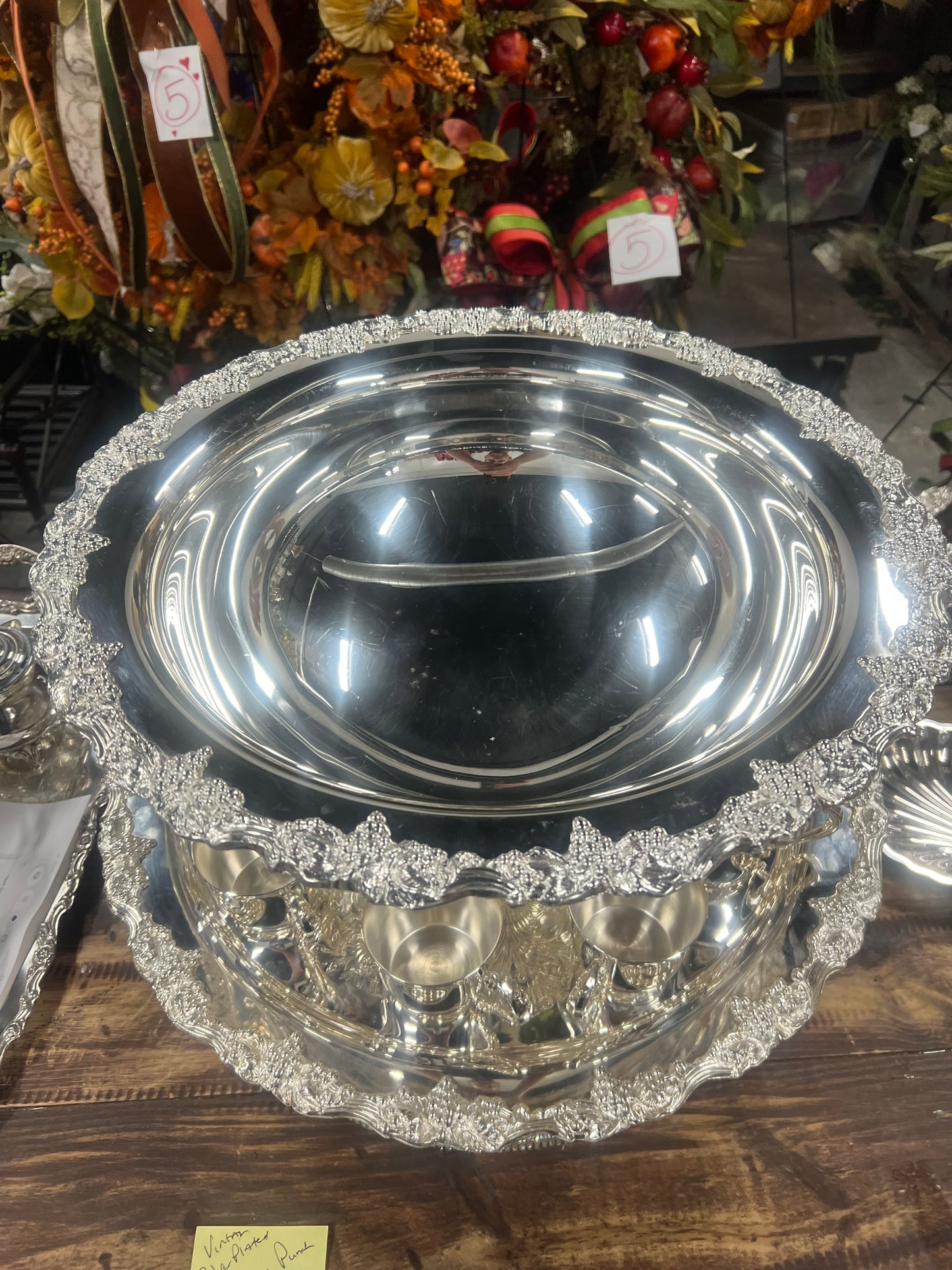 Vintage silver plated punch bowl with tray and 10 cups