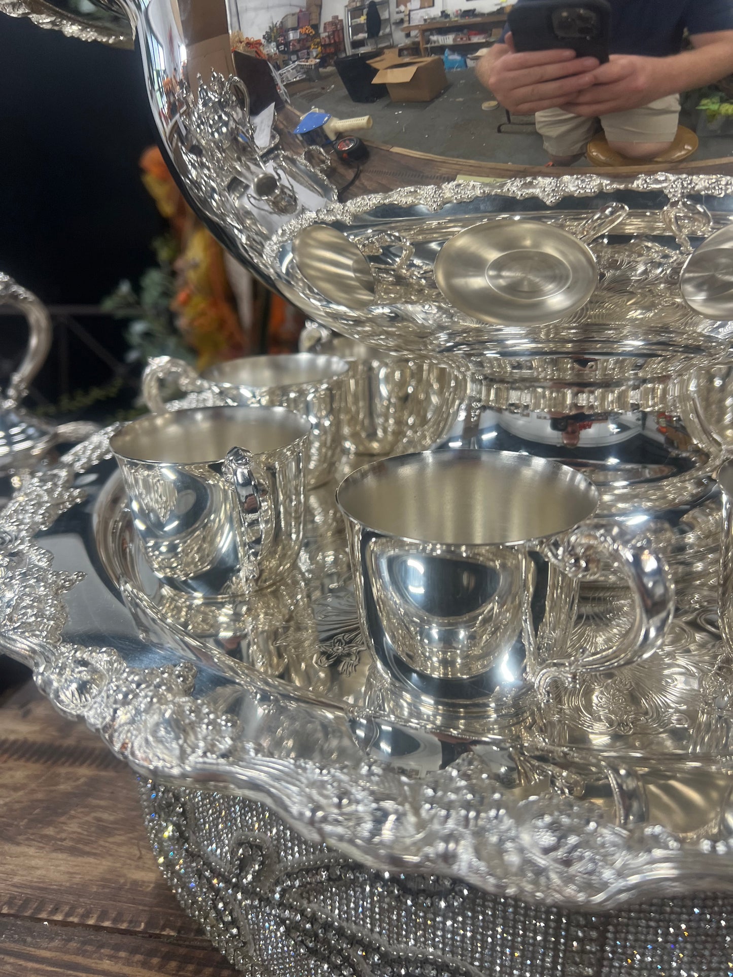 Vintage silver plated punch bowl with tray and 10 cups
