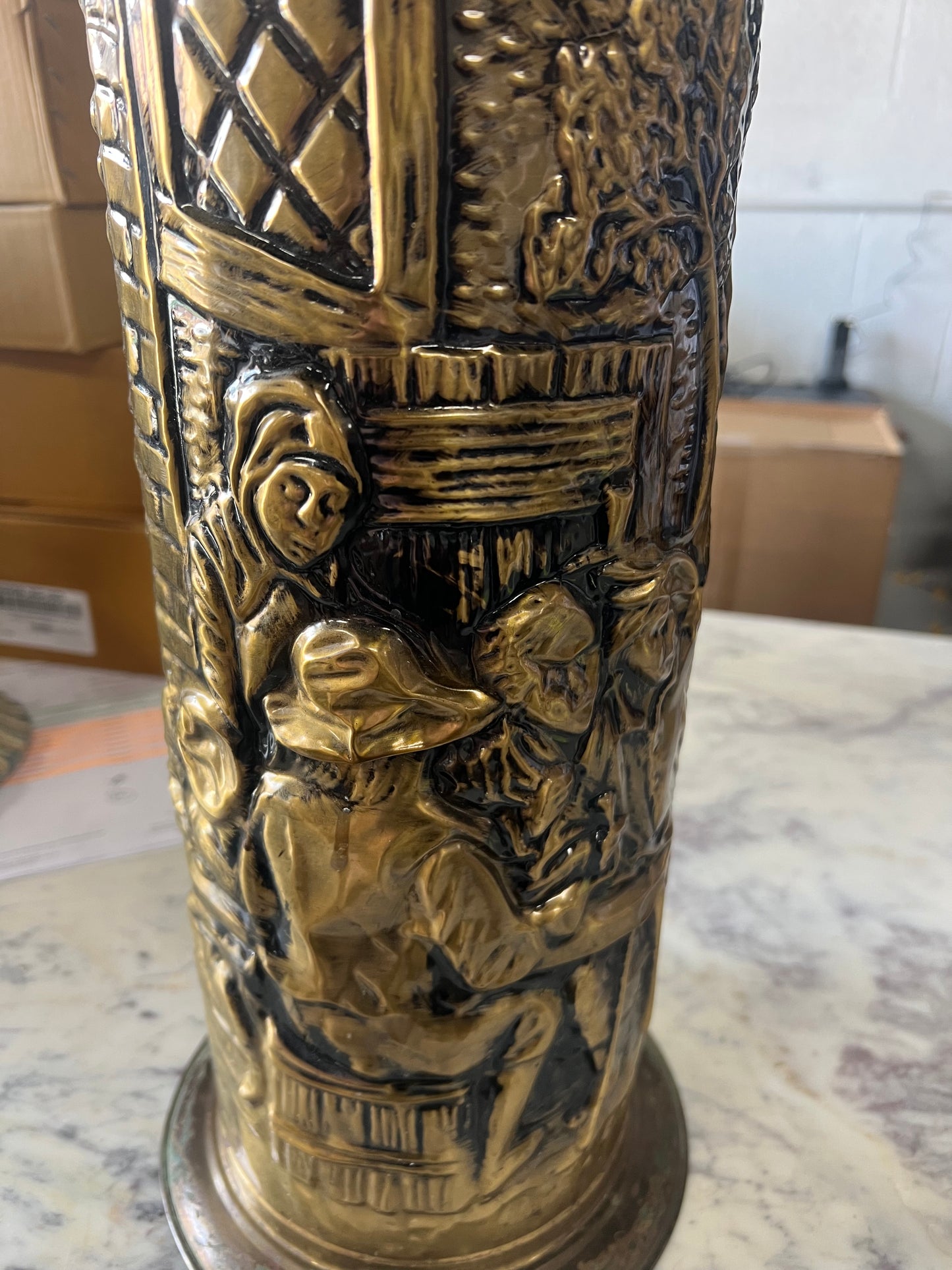 Vintage Brass Umbrella/Cane Embossed Tavern Scene Holder