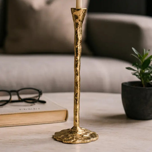 Taper Candle Holder - Gold Metal Forged, 11 in.