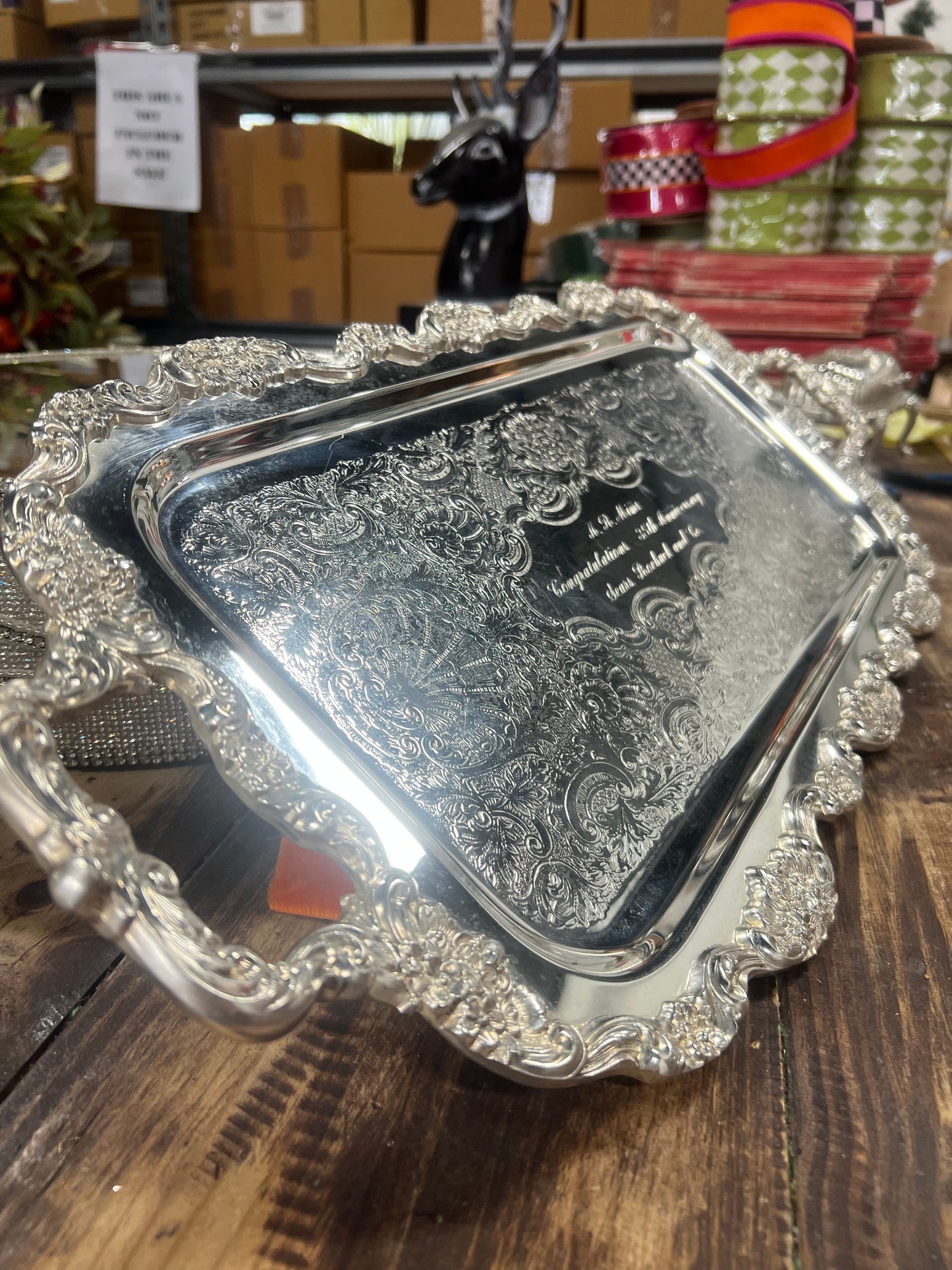 Vintage Silver-Plated Rectangle Footed Tray (engraved as pictured)
