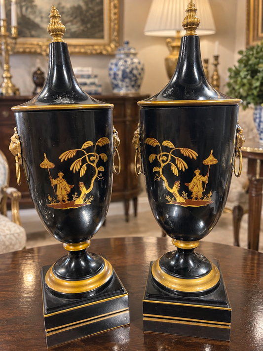 Set of 2 Black-and-Gold Chinoiserie Chestnut Urns