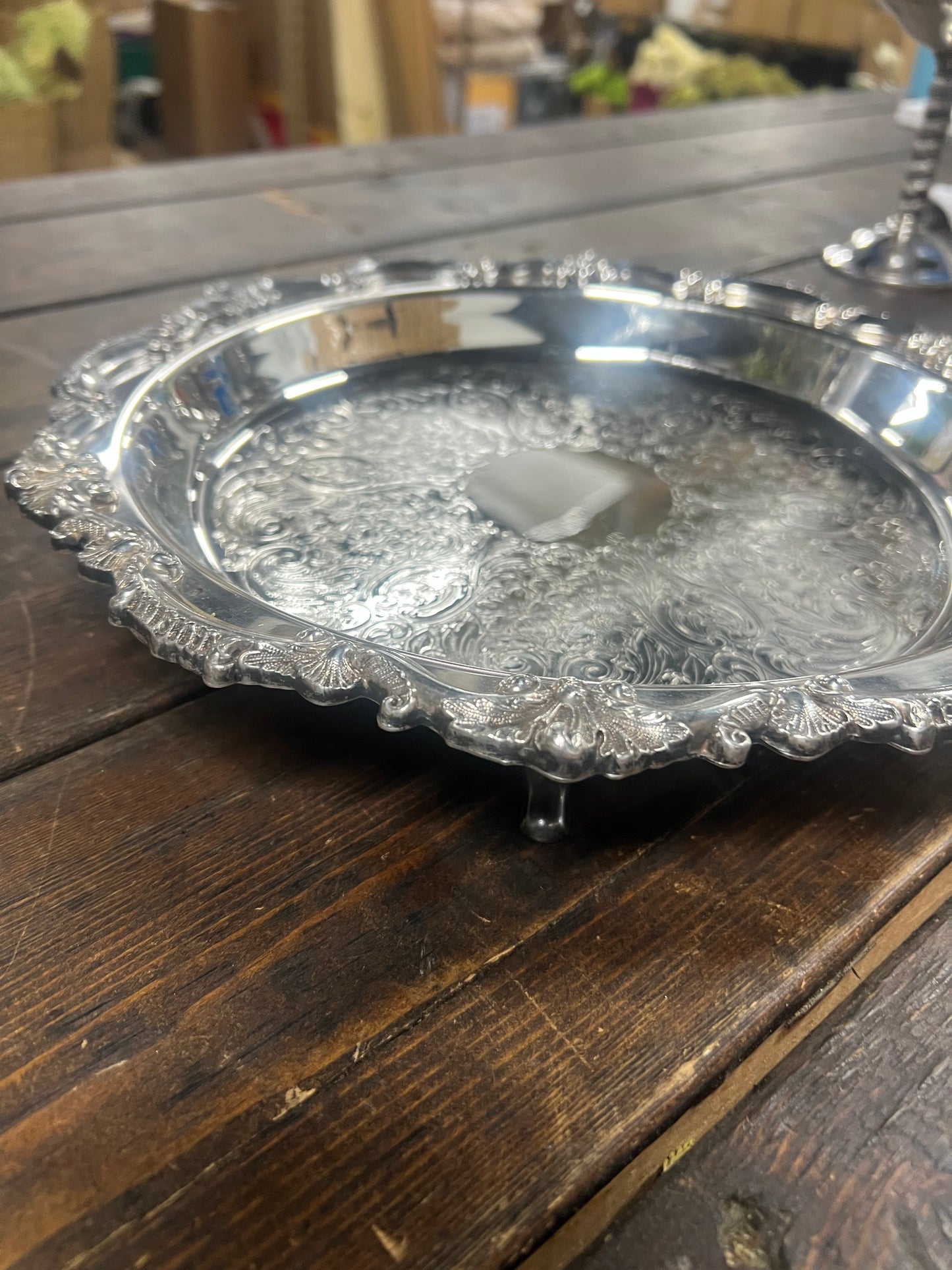 12” Vintage Silver-Plated Deep-Welled  tray with Feet.