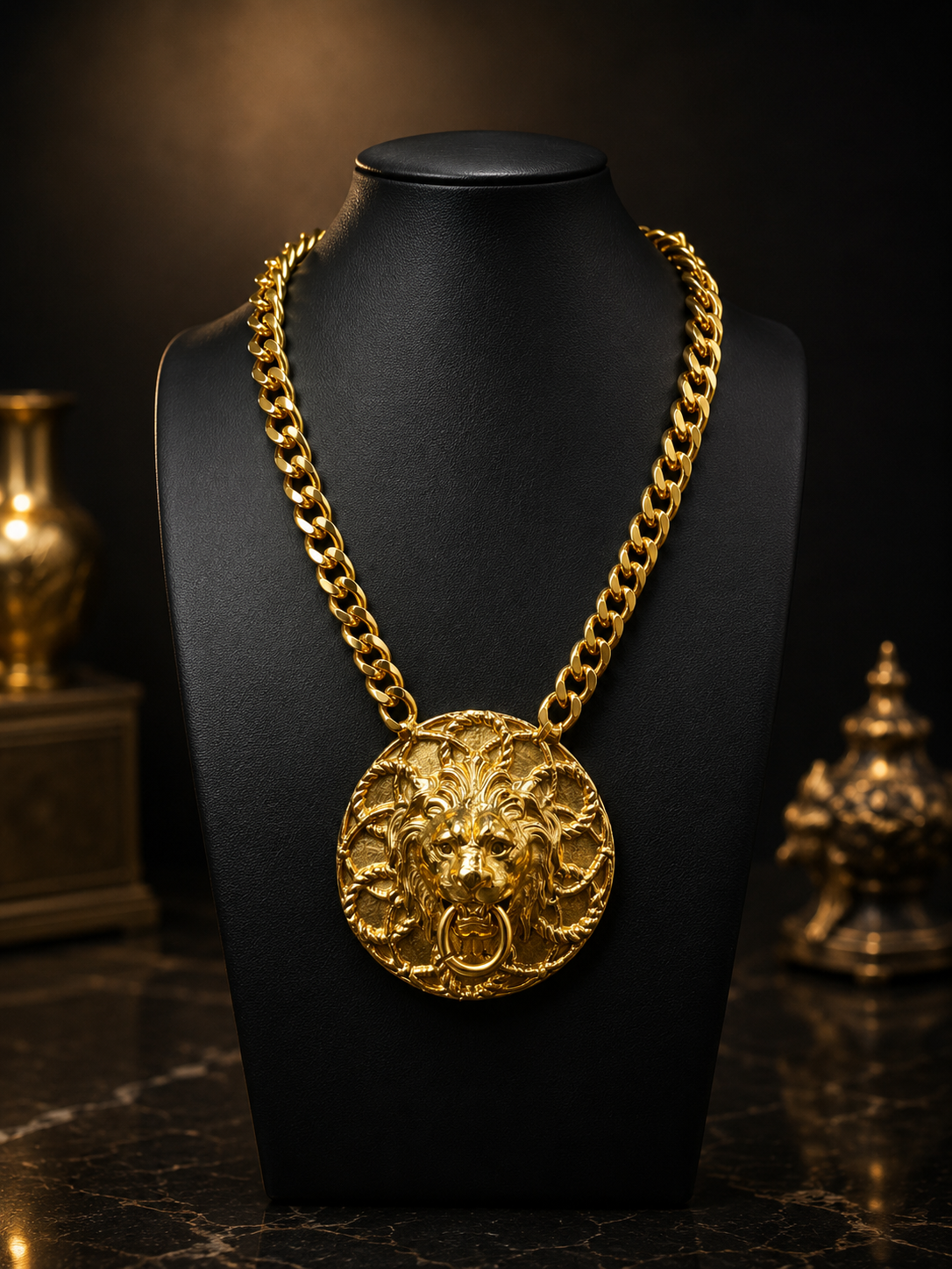 Mounted Chain Lion Head Door Knocker Necklace
