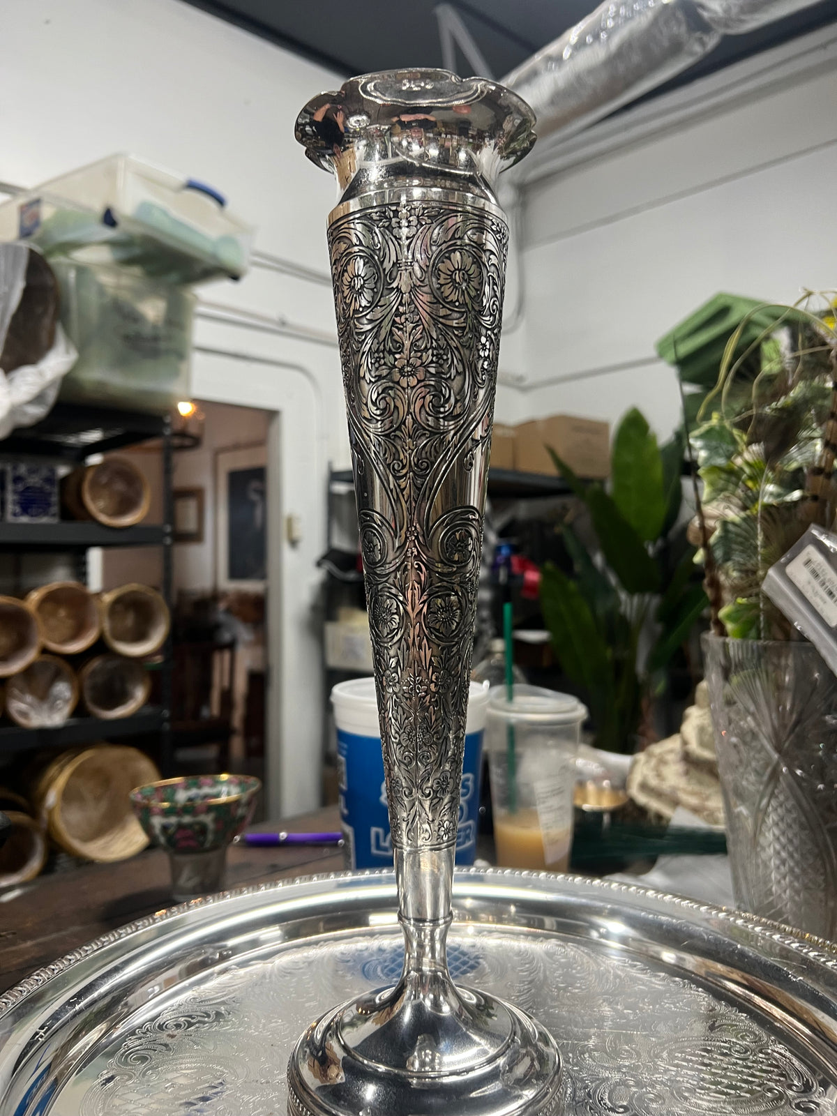 Beautiful Vintage embroidered silver plated trumpet vase