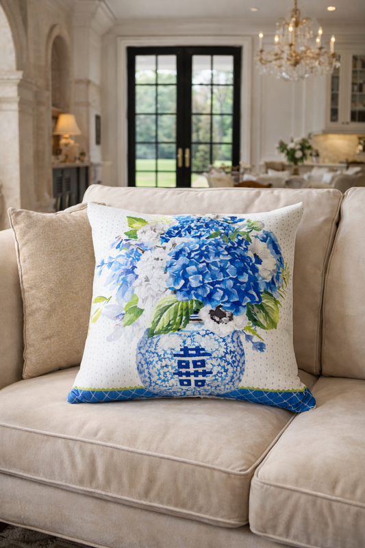 Floral Blue Chinoiserie , indoor/outdoor cushion pillow