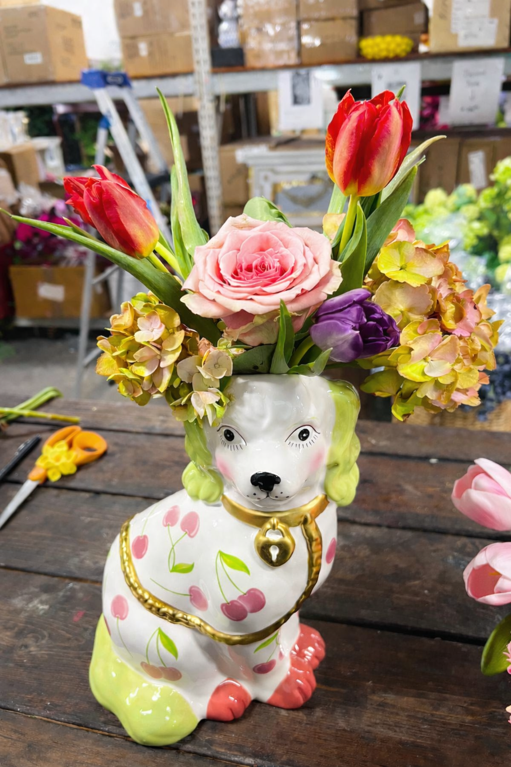 Dog Vase with Cherry Motif