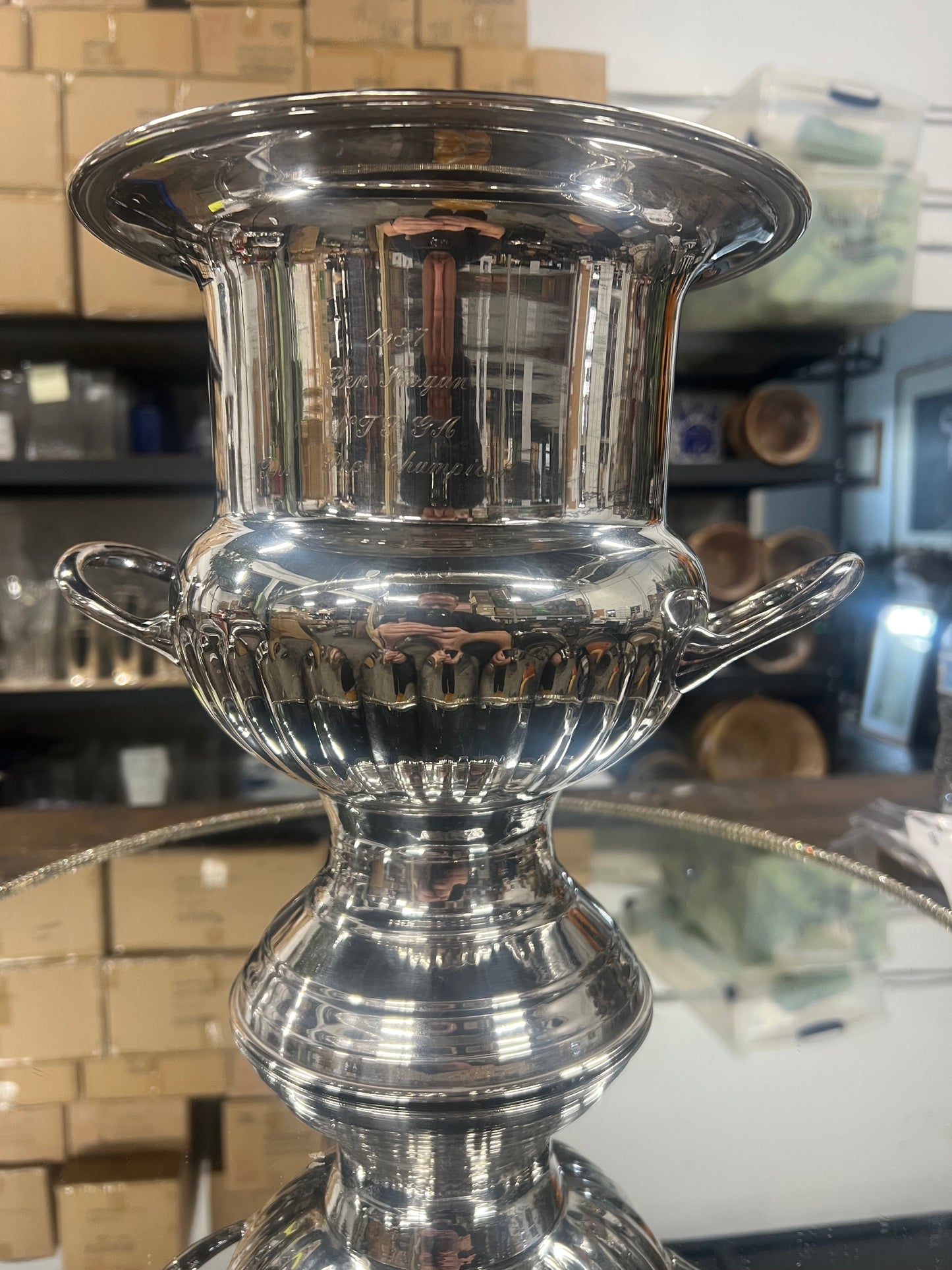 Vintage silver plated, champagne urn with handles.