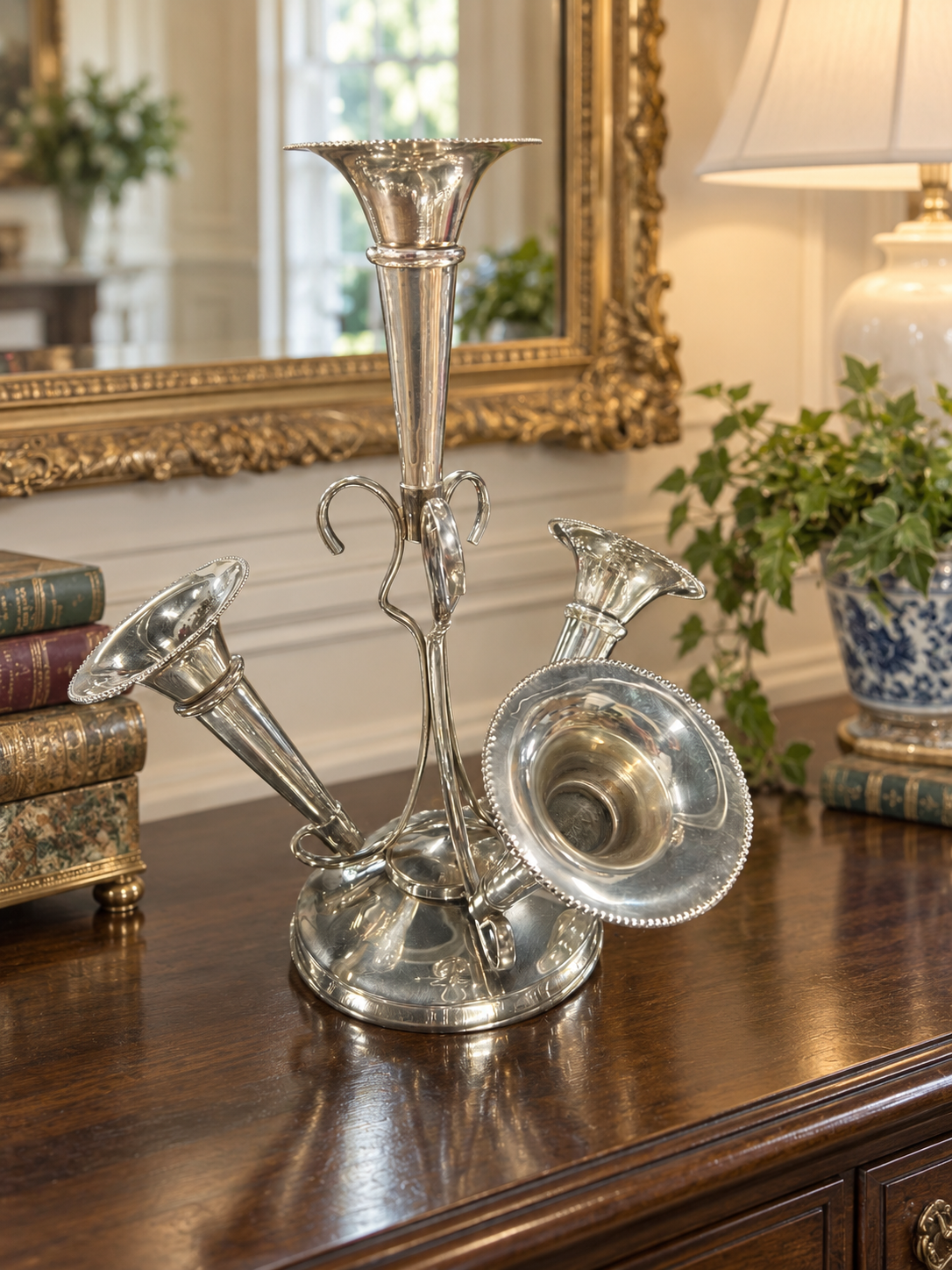 Vintage Silverplate Elephant-Motif Four-Trumpet Epergne