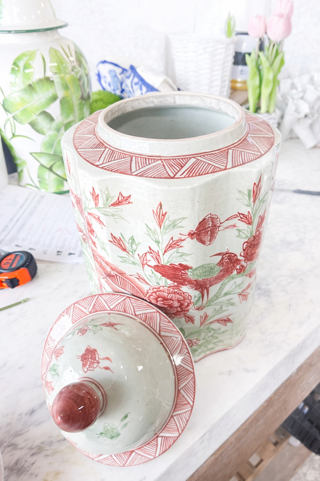 Pink and Green Porcelain Golden Pheasant Ribbed Lidded Jar