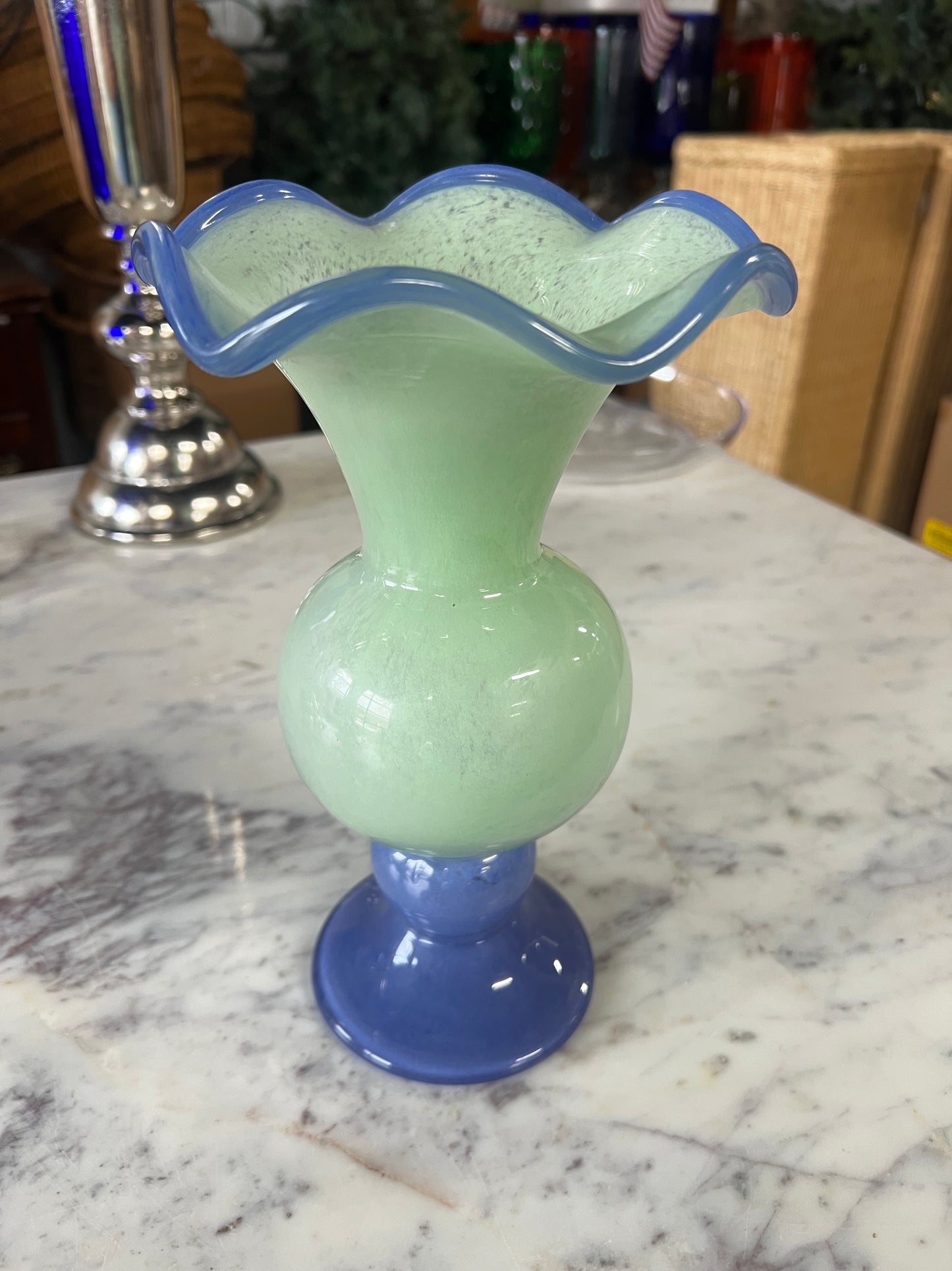 Mint Green and Blue Trim Glass Vase