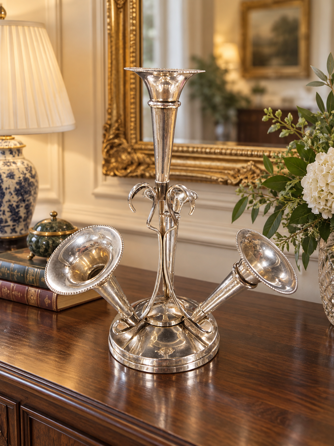 Vintage Silverplate Elephant-Motif Four-Trumpet Epergne