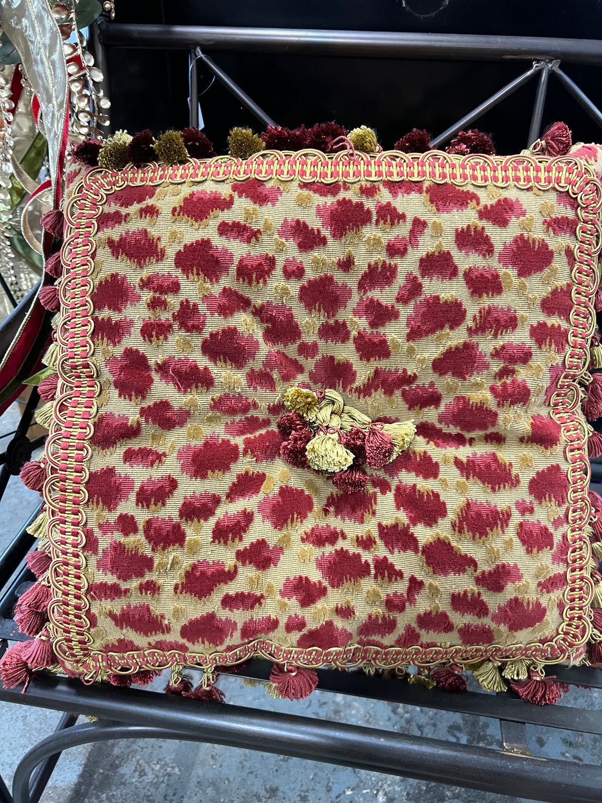 Set of 2 Vintage Regal Burgundy Leopard Tassel Pillow