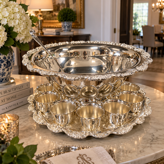 Vintage Silver Towle Plated Punch Bowl with 12 cups, platter and ladle (10)