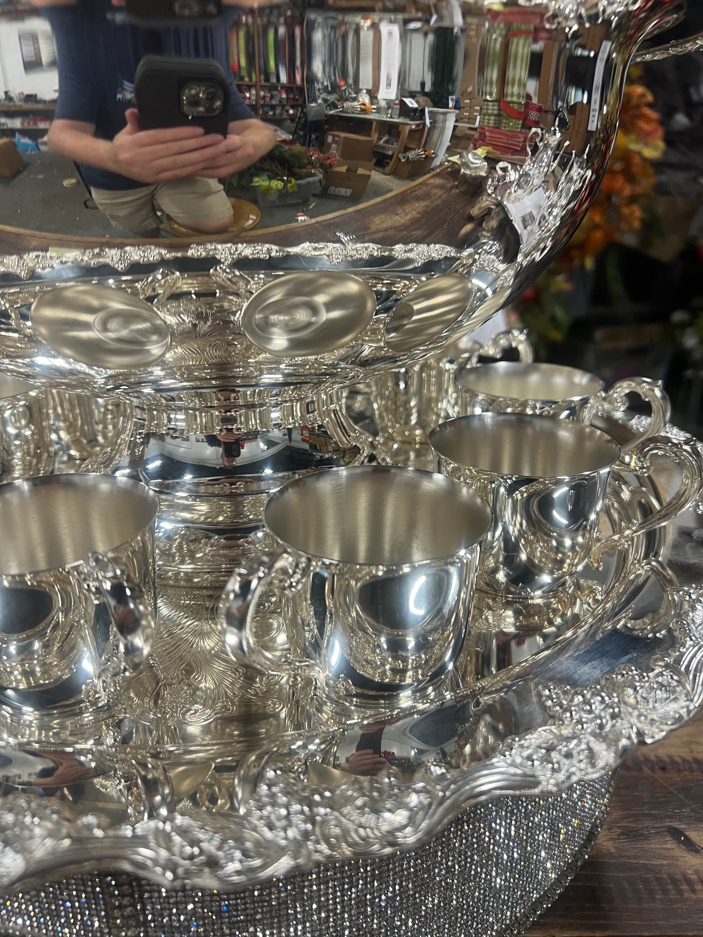 Vintage silver plated punch bowl with tray and 10 cups