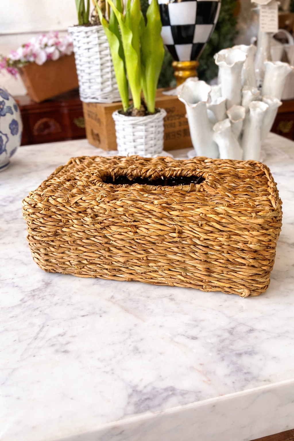 Hand woven seagrass tissue box cover