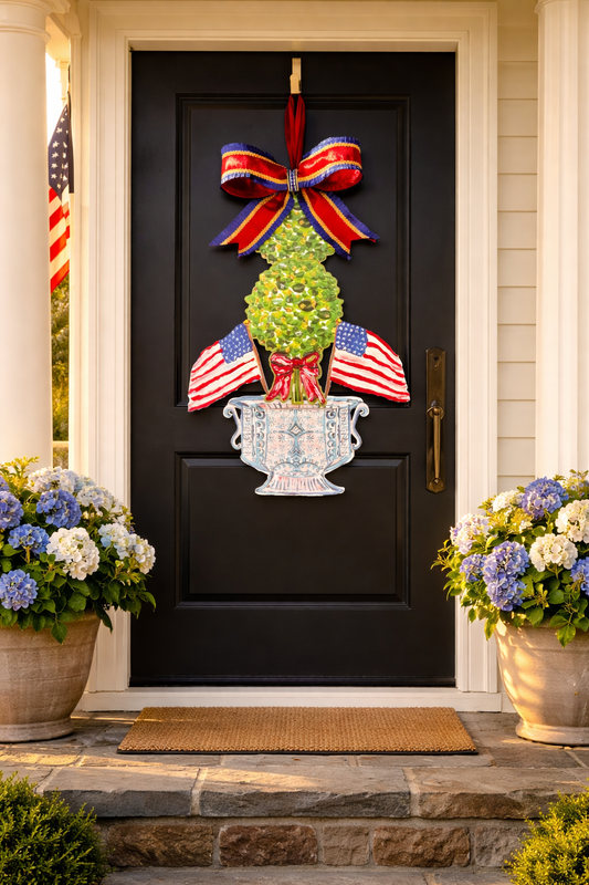 Large Designer Patriotic Topiary in Ginger Jar Door Hanger with Bow