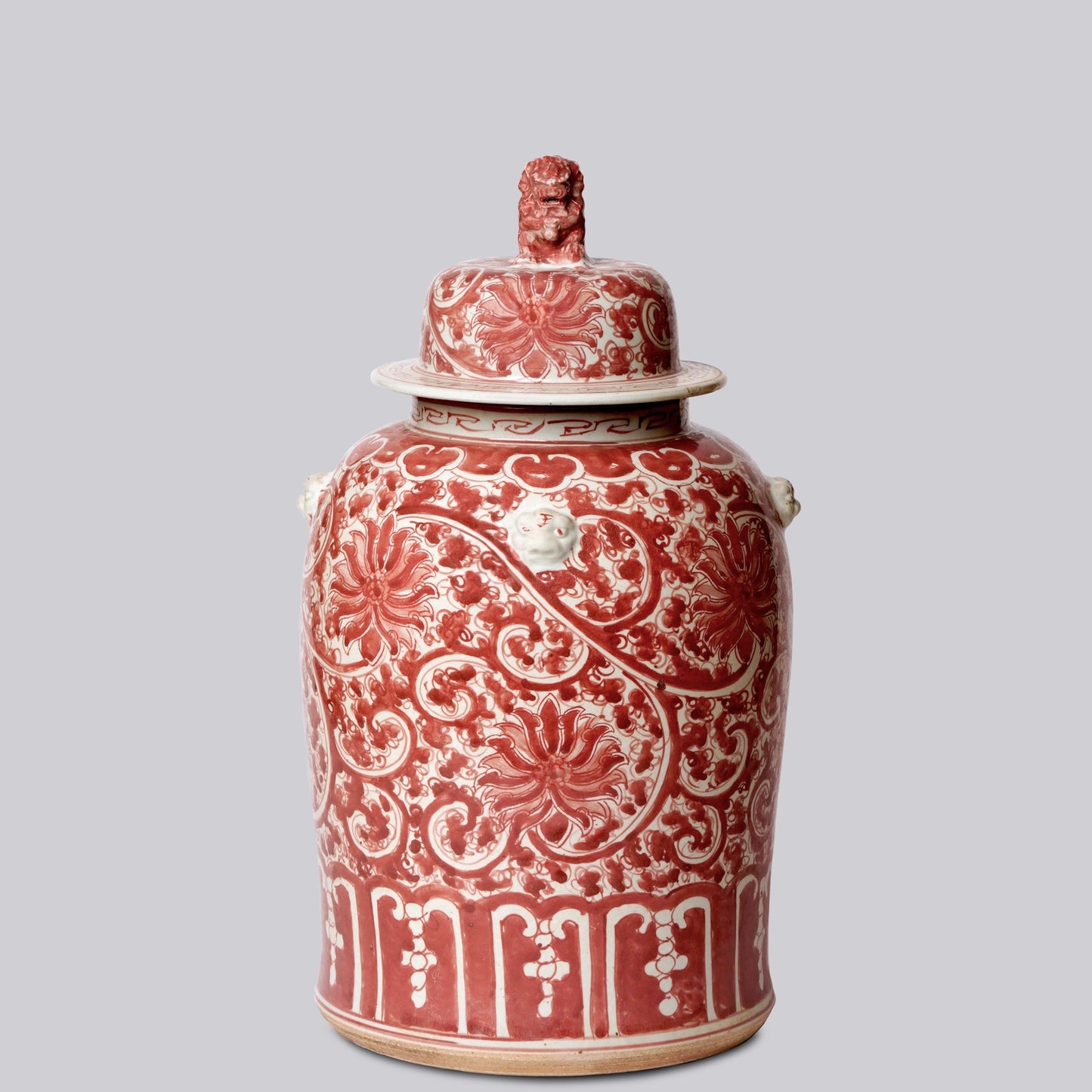 Red and White Porcelain Scrolling Lotus Temple Jar