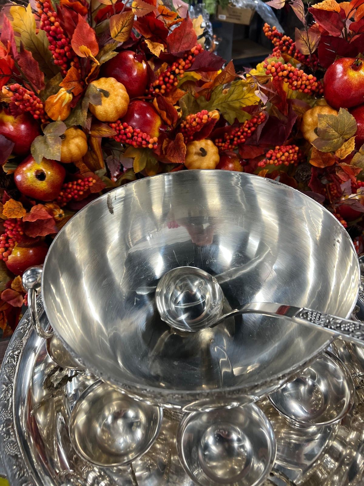 Vintage Silver-Plated Punchbowl with 12 Cups,  Tray and Ladle