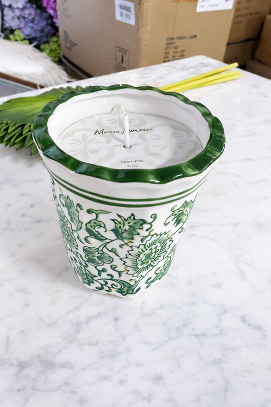 6oz Fluted Chinoiserie Jasmine Green/White Candle