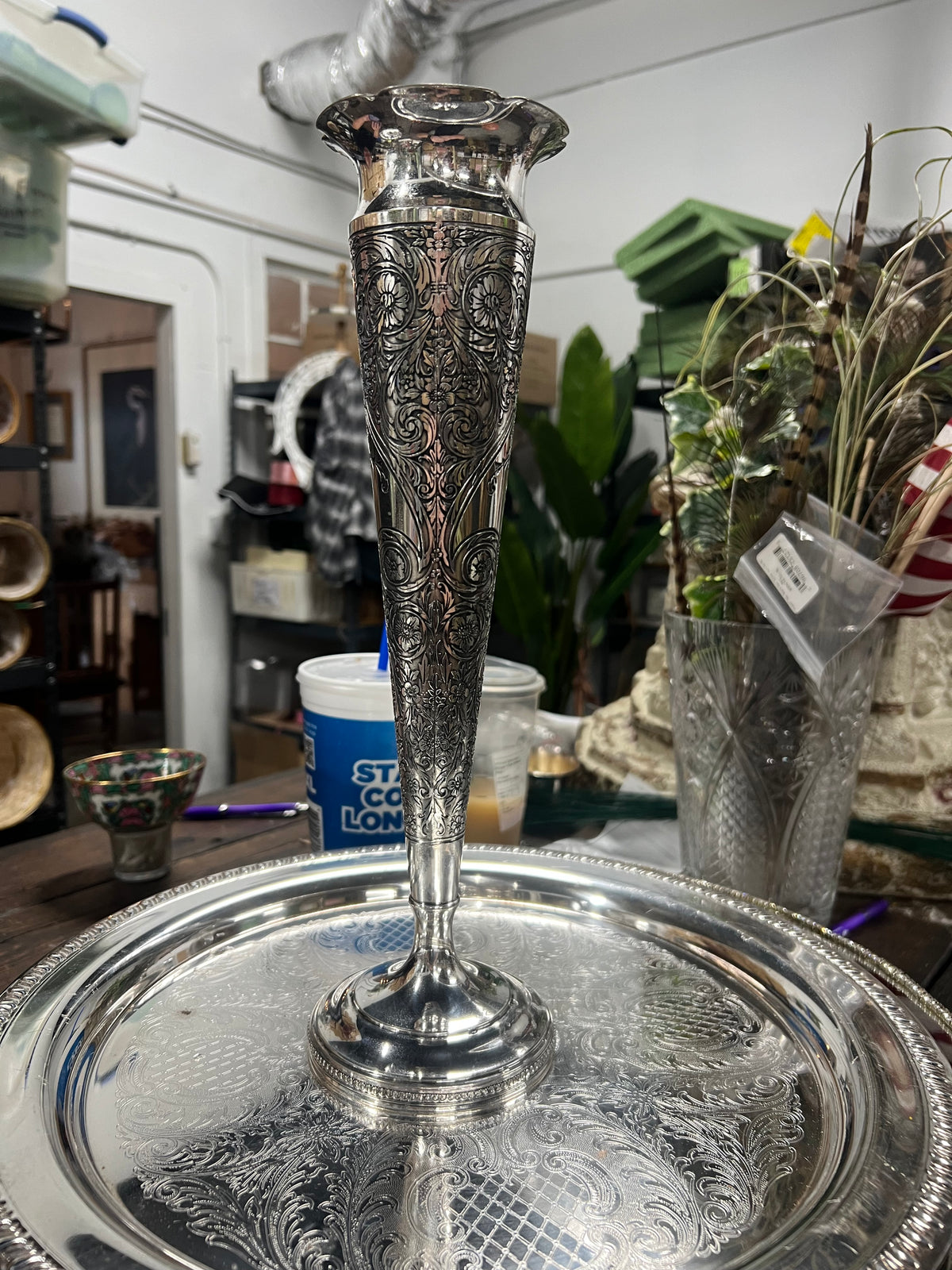 Beautiful Vintage embroidered silver plated trumpet vase