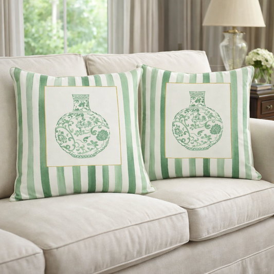 Set of 2 Green and White Pillow (rounded vase)