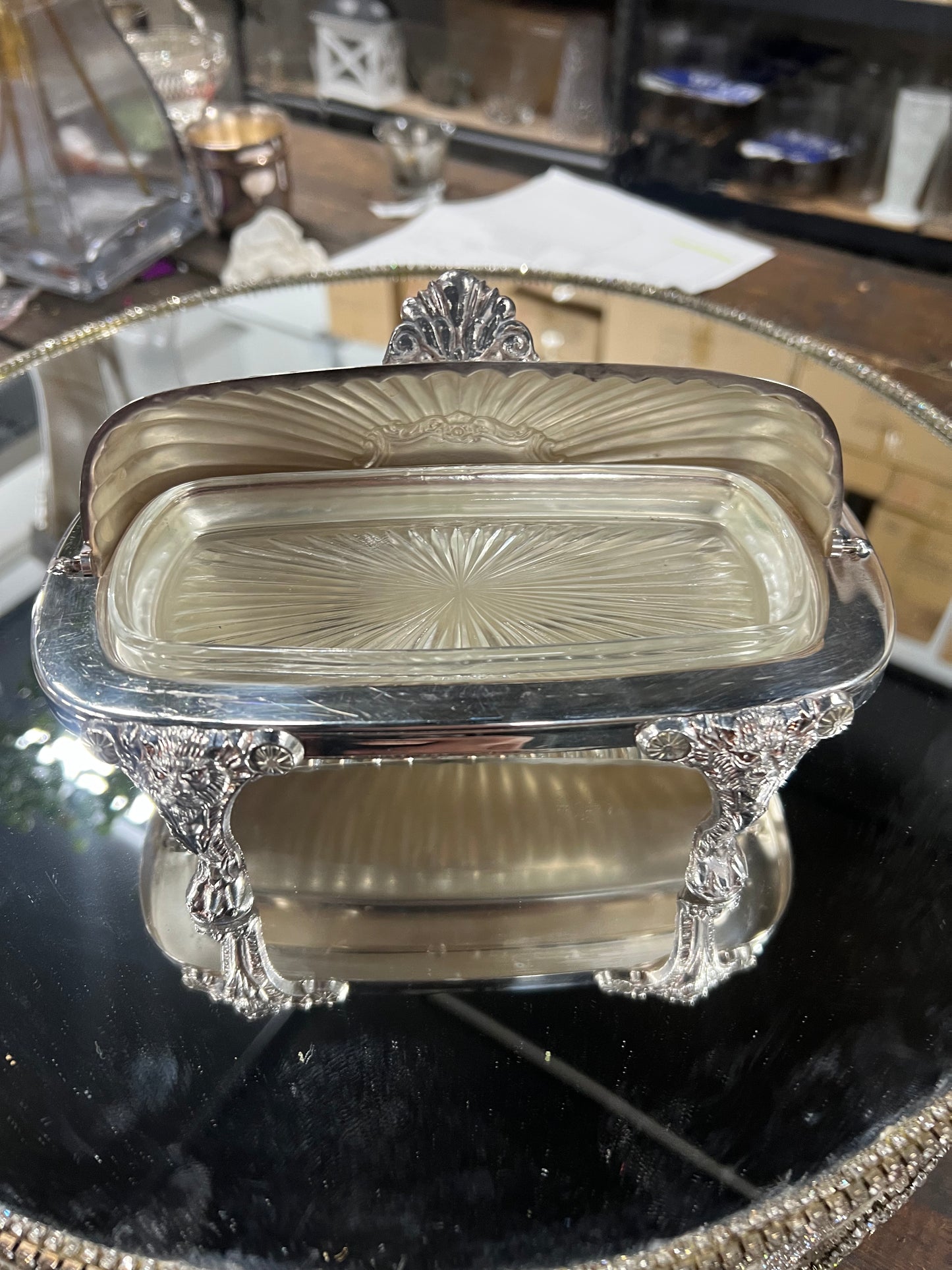 Vintage Silver Plated, Roll-Top Butter Dish with Lions Feet