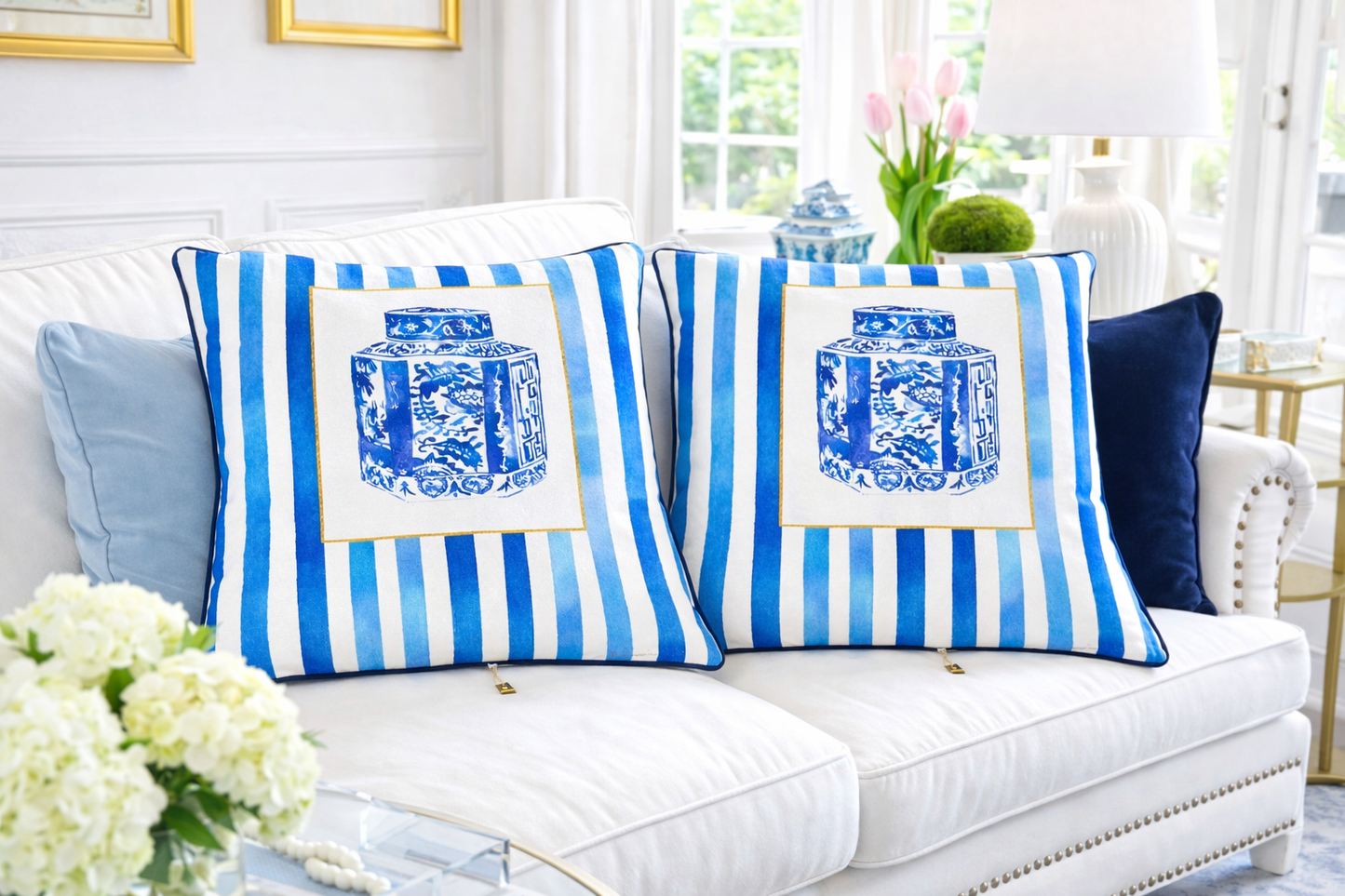 Set of 2 blue & white Pillow (octagonal jar)