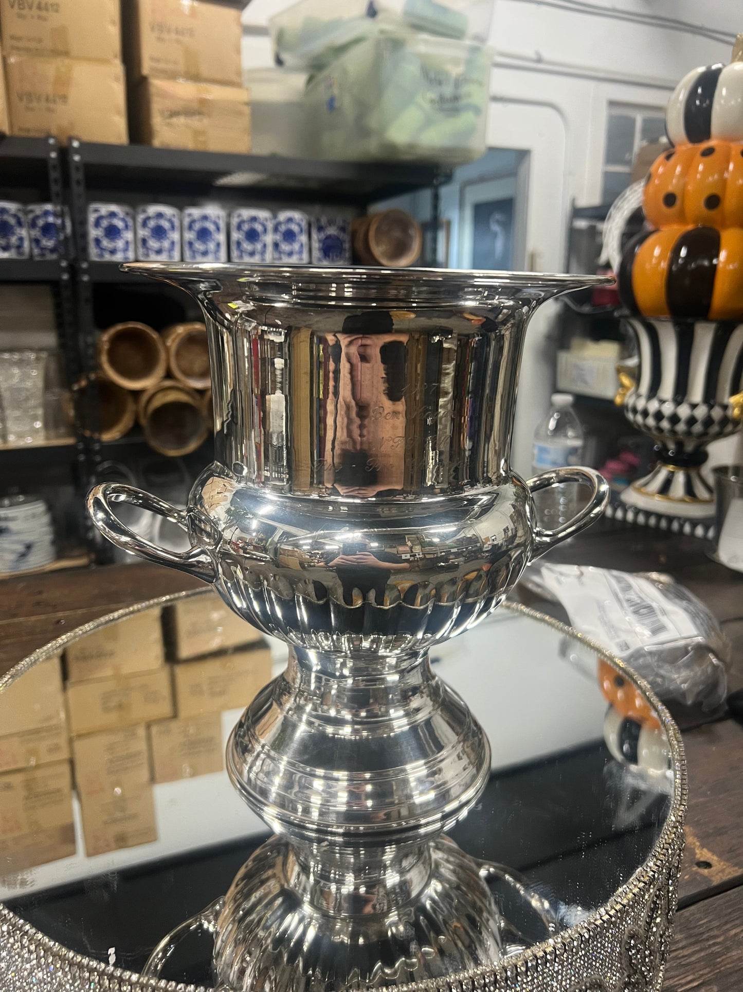 Vintage silver plated, champagne urn with handles.