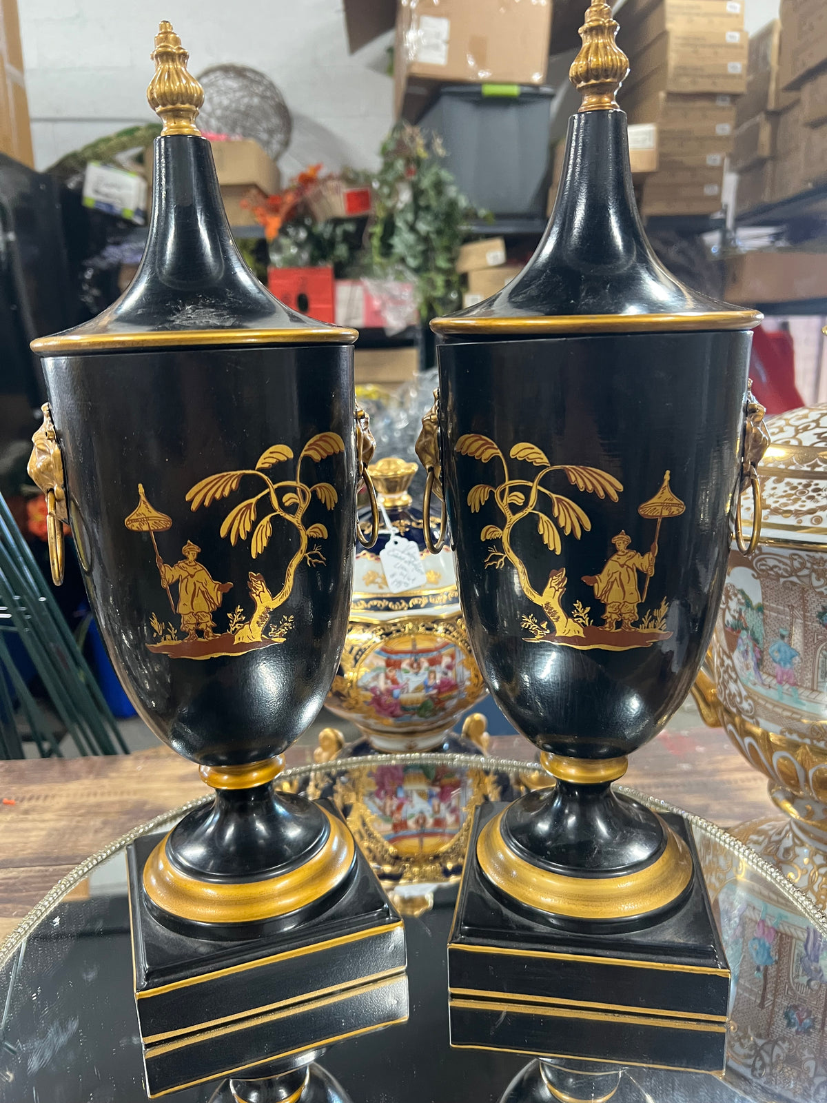 Set of 2 Black-and-Gold Chinoiserie Chestnut Urns