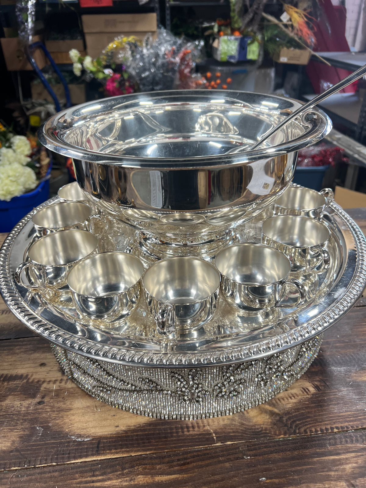 Vintage Silver-Plated Punch Bowl with 12 cups, Tray and Ladle (2)