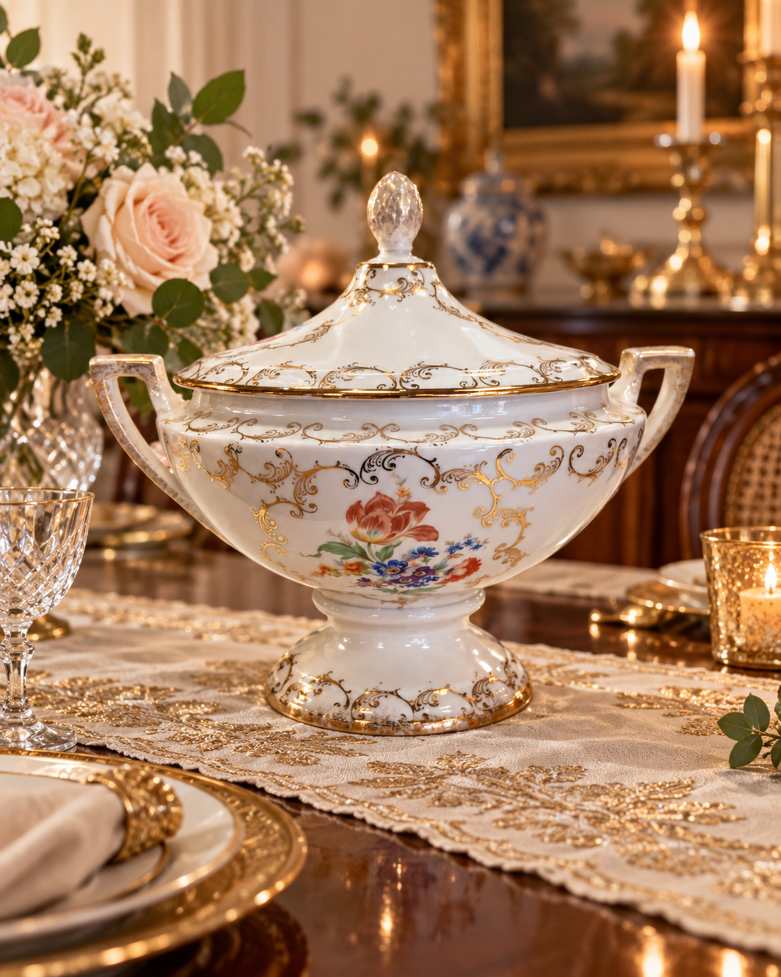 Vintage Lidded Floral Pedestal Bowl