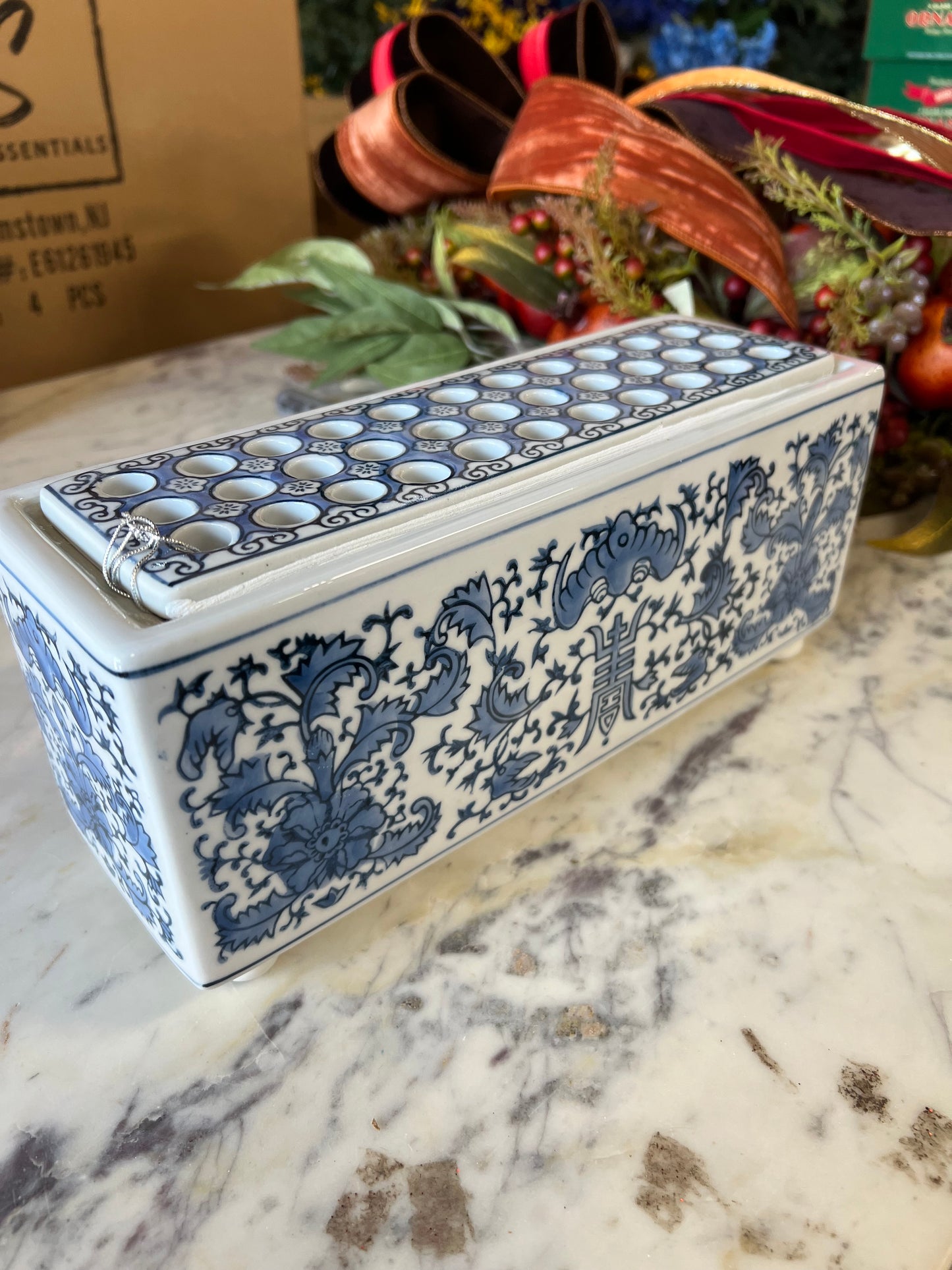 Blue and White Flower Arranger