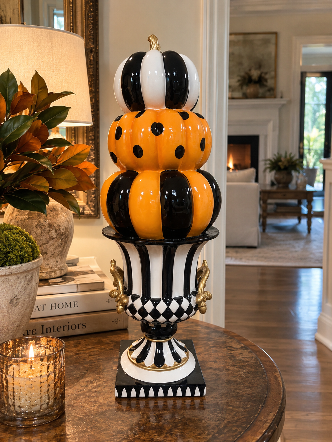 Orange, Black & White Resin Pumpkin Topiary